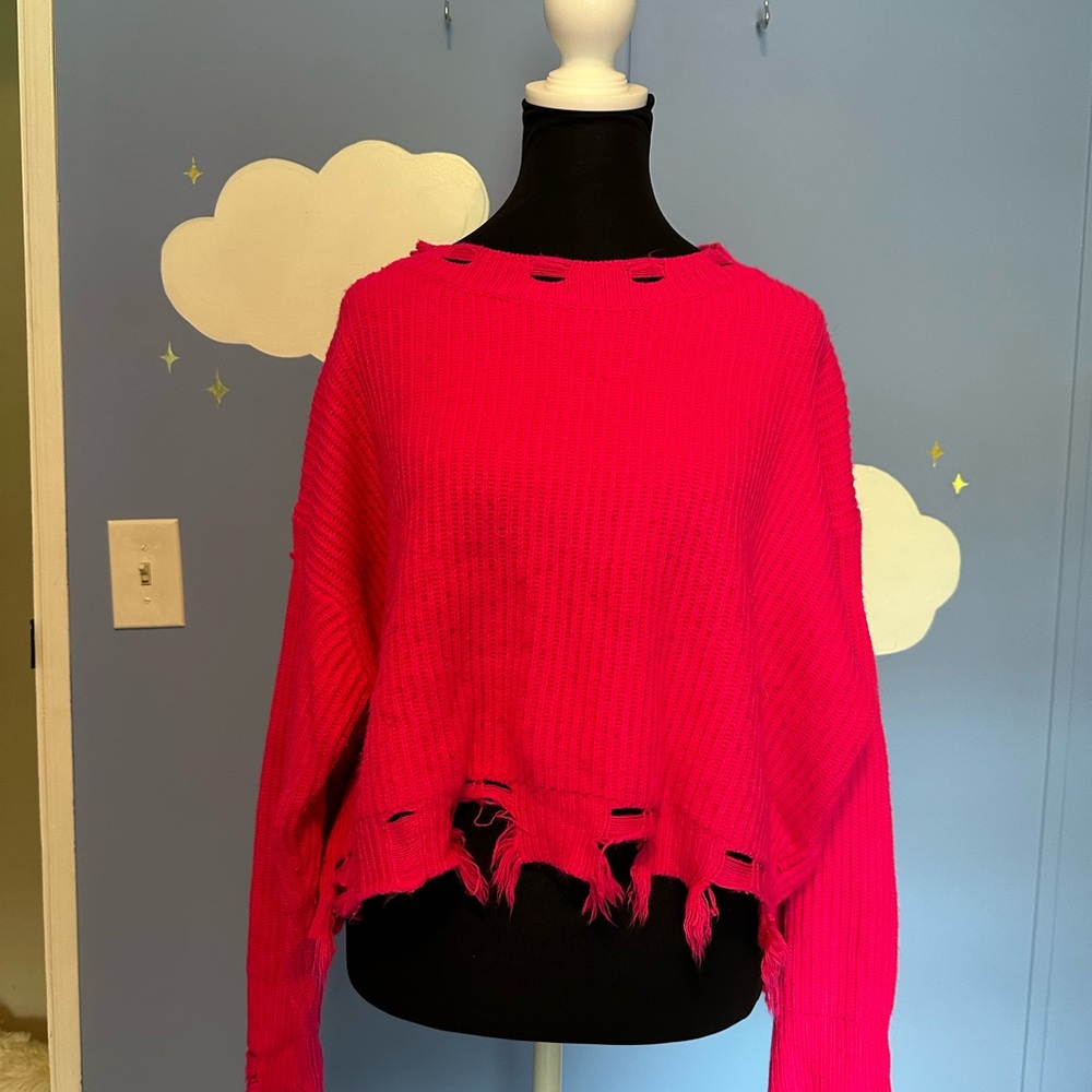 Fashion Nova Hot Pink Distressed Sweater